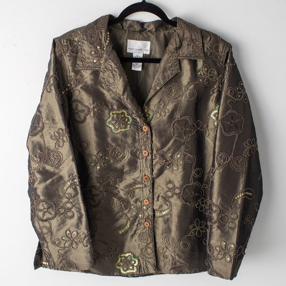 Susan Graver Style Women's Embroidered Sequin Olive Green Jacket Size Large - Picture 1 of 9